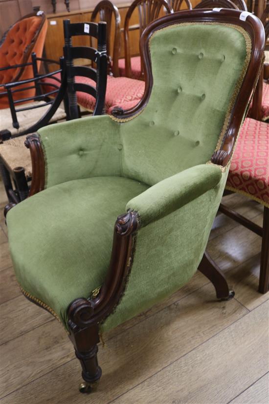 A Victorian mahogany buttonback armchair, green